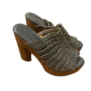 Bed Stu Metallic Studded Leather Wood Platform Mules